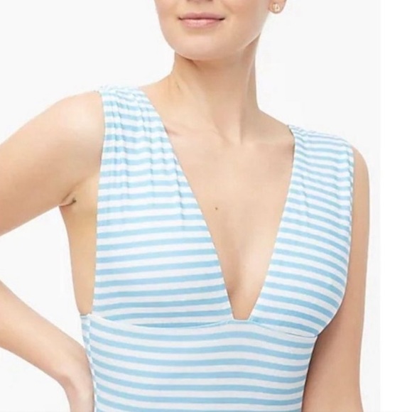 J. Crew One Piece Swimsuit Blue Stripe Plunge V-Neck Size Large - Picture 2 of 9